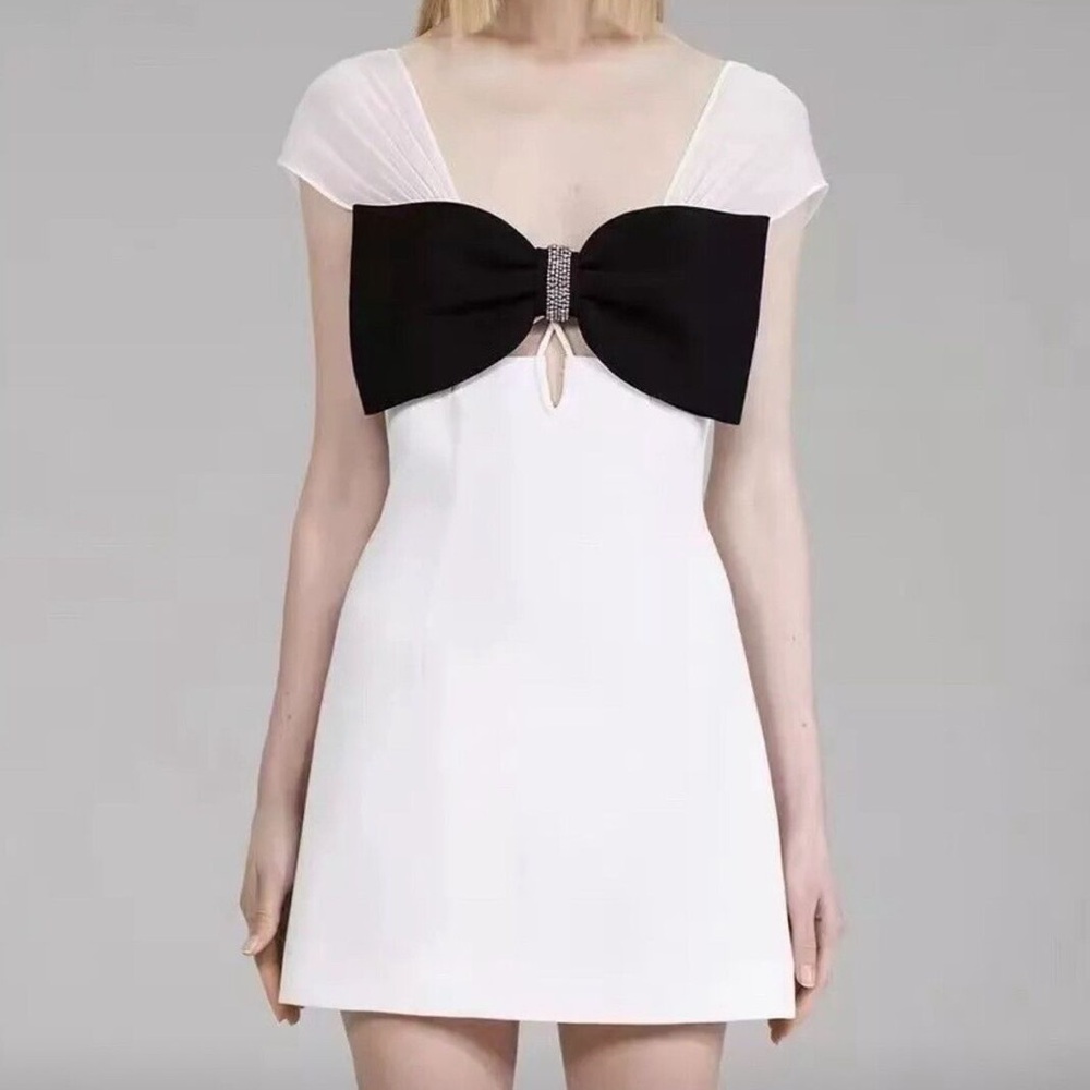 SELF PORTRAIT bow embellished white mini dress